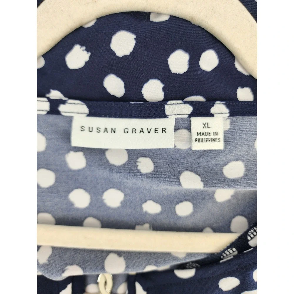 Susan‎ Graver Navy Blue Polka Dot Fit and Flare Dress XL Liquid Knit 3/4 Sleeve